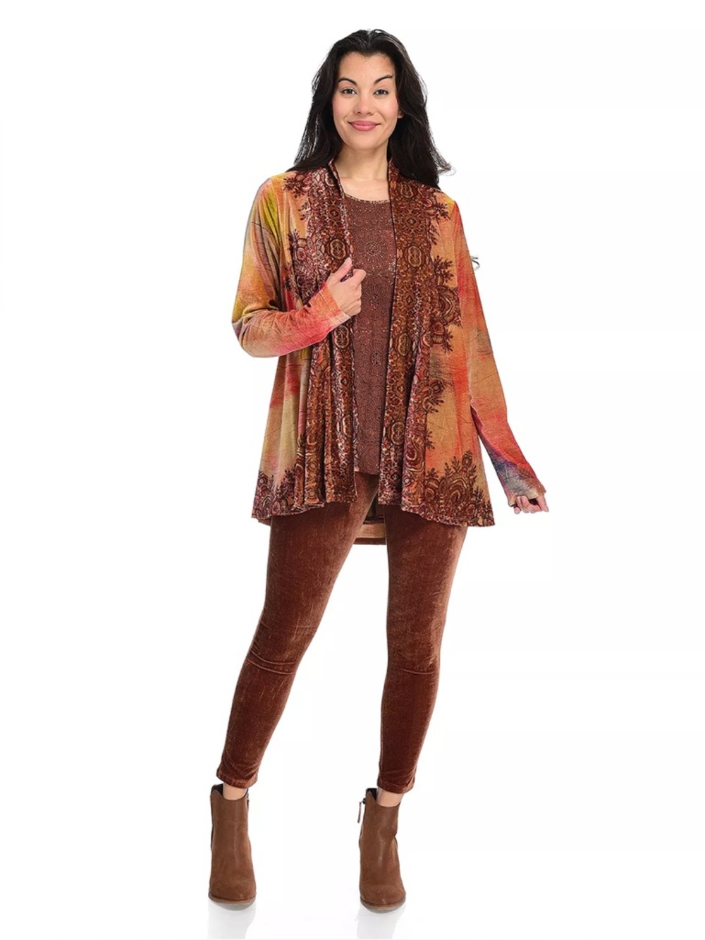 One World Velvet Open Front Cardigan Boho Multicolor Lightweight NWT